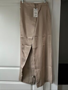 Beige Satin Wrap Wide-Leg Trousers